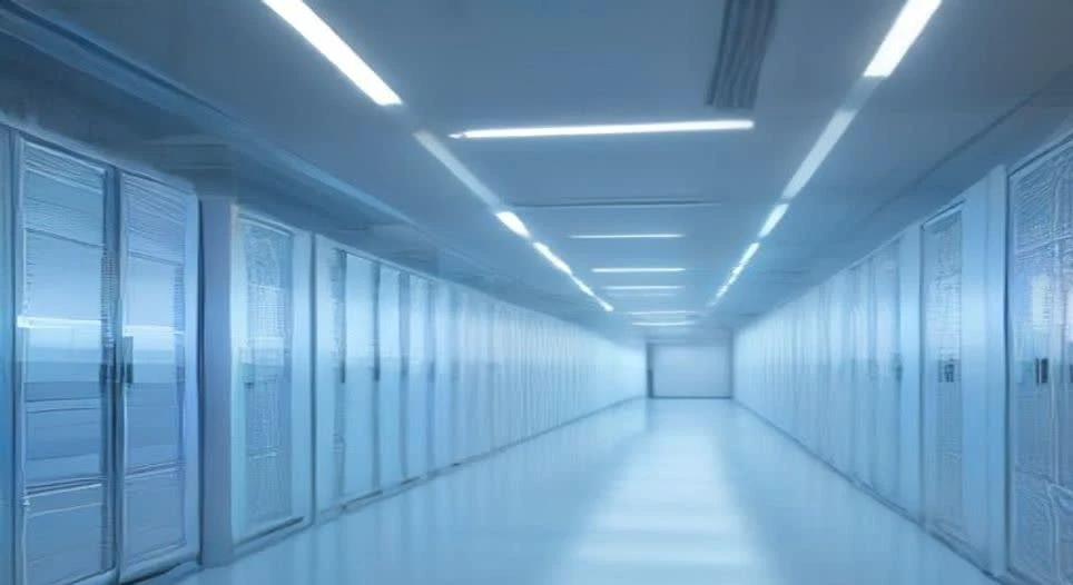 Modern data centre aisle lined with white server racks and small blue indicator lights
