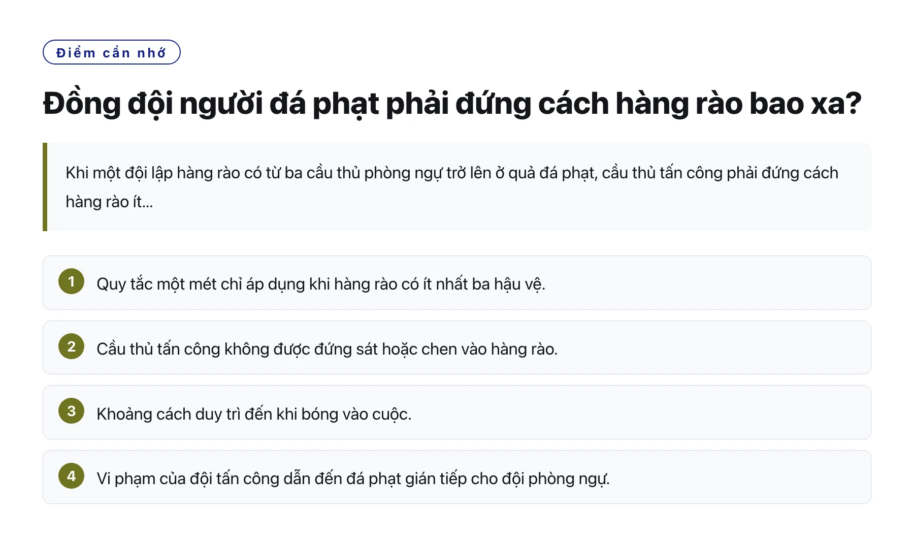 Đồng đội người đá phạt phải đứng cách hàng rào bao xa?——全文要点速览